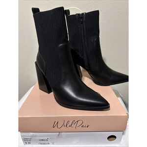 Wild Pair Trinityy Pointed-Toe Pull-on Knit Dress Booties, Black Smooth, Size 6M